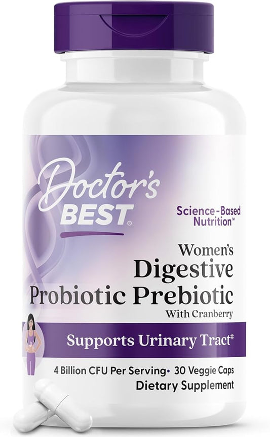 Doctor's BEST Womens Digestive Probiotic Prebiotic with Cranberry and PreforPro (4 Billion CFU), Supports Urinary Tract, Non-GMO, Vegan 30 Veggie Caps
