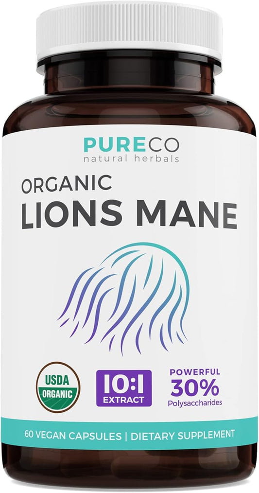 USDA Organic Lions Mane Capsules - 10:1 Extract Equals 10,000mg of Lion’s Mane Mushroom - Powerful 30% Polysaccharides - for Energy, Memory and Focus Supplement - 60 Vegan Capsules (No Pills/Powder)