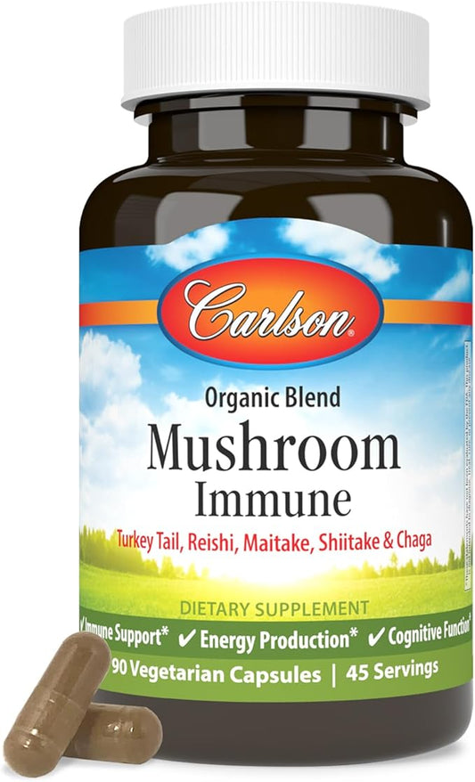 Carlson - Mushroom Complex, Organic Blend, with Turkey Tail, Reishi, Maitake, Shiitake, Chaga, Non-GMO, 90 Vegetarian Capsules