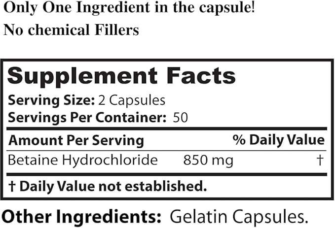 Dr. Clark Betaine HCL Digestive Enzymes - Acid Reflux Medicine, Hydrochloric Acid Protein Supplement, Optimal Digestion Formula, 100 Gelatin Capsules, 425 mg