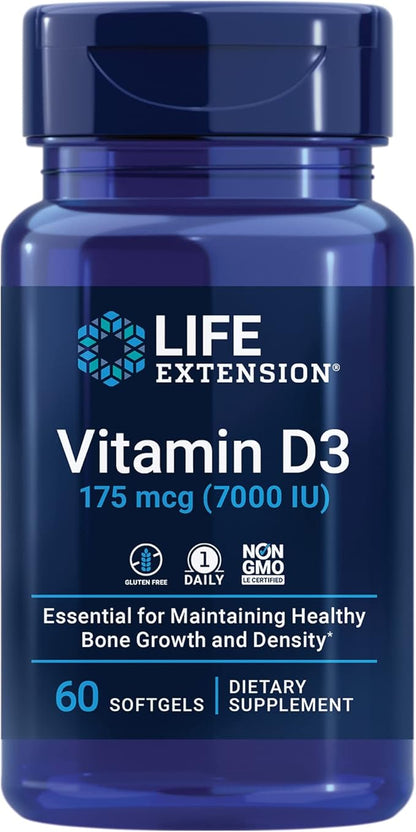 Life Extension Vitamin D3 175 mcg (7000 IU), Immune System Support, Bone Health, Brain Performance, Gluten-Free, Non-GMO, Once Daily, Two-Month Supply, 60 softgels