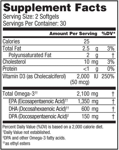 Oceanblue Professional Omega-3 2100 with Vitamin D3 – 120 ct – Triple Strength Burpless Fish Oil Supplement with High-Potency EPA, DHA, DPA and Vitamin D3 – Wild-Caught – Orange Flavor (60 Servings)