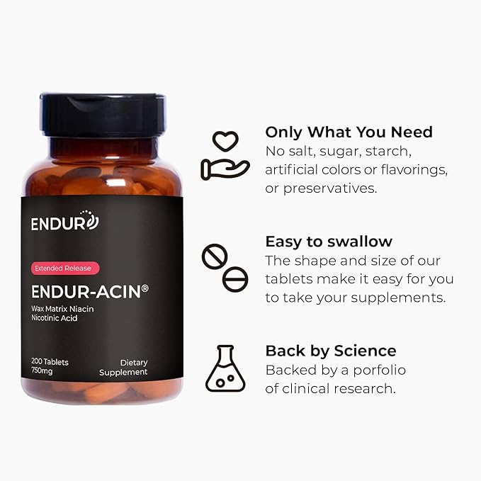 EndurAcin - Extended Release Niacin for Optimal Absorption & Low-Flush Vitamin B3 Niacin, Non-GMO, Vegan, Gluten Free Niacin 750mg, 200 Tablets