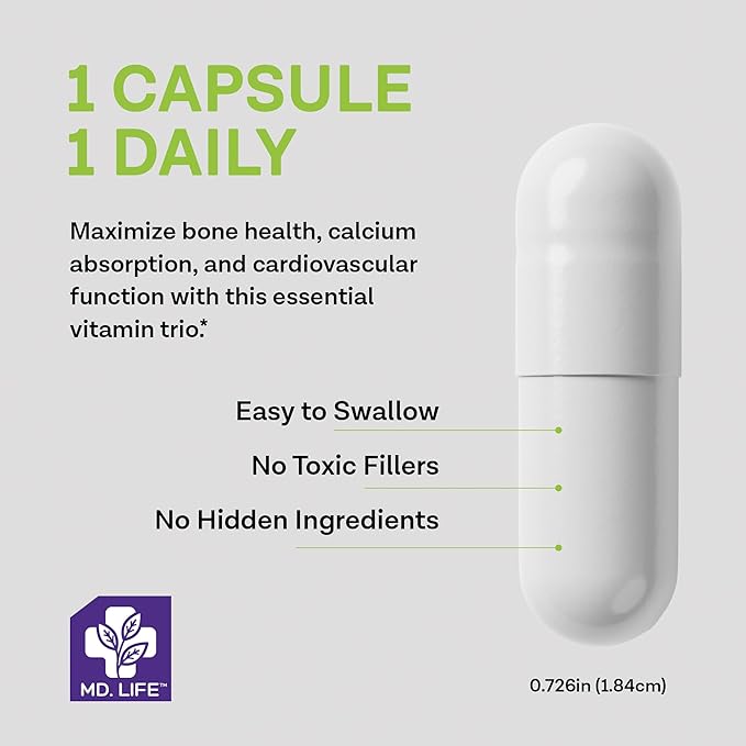 MD.LIFE A D K Vitamin Supplement - Vitamin D3 K2 and A - 120 Capsules - Bone Health and Heart Health Support – High Potency Vitamin ADK Supplement - ADK Complex