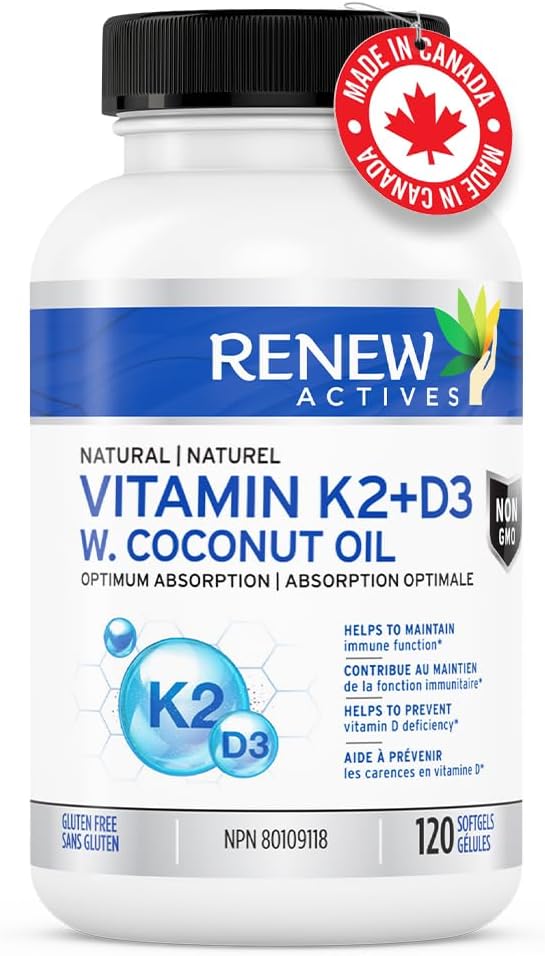 Renew Actives D3 K2 Supplement with Coconut Oil 1000 IU per Serving- Promotes Immune Function, Bone Health & Teeth, Enhances Calcium Absorption for Optimal Wellness - Made in Canada - 120 Softgels