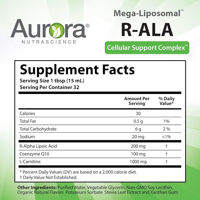 Aurora Nutrascience Mega-Liposomal R-ALA Cellular Support Complex, 200mg R-Alpha Lipoic Acid, Gluten Free, Non-GMO, Sugar Free, Organic, Fruit Flavor, 32 Servings, 16 fl oz