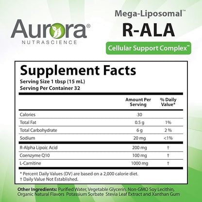 Aurora Nutrascience Mega-Liposomal R-ALA Cellular Support Complex, 200mg R-Alpha Lipoic Acid, Gluten Free, Non-GMO, Sugar Free, Organic, Fruit Flavor, 32 Servings, 16 fl oz