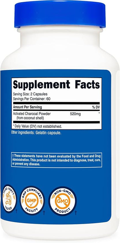 Nutricost Activated Charcoal 520mg, 120 Capsules - Premium Powder, Non-GMO & Gluten Free