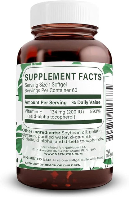 Natural Nutra Vitamin E 200 IU Supplement for Skin, Hair and Nails, Promote Heart Health, Helps Reduce Redness, Helps to Prevent Skin Texture, Promoted Immune System, Gluten Free, 60 Softgels