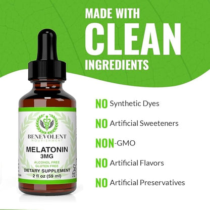 Benevolent Melatonin Liquid for Adults 3mg, Liquid Melatonin Drops for Kids 2 Month Supply, Berry Vanilla Flavor & Made in USA, Melatonin Sleep Aid Helps Fall Asleep Faster & Stay Asleep Longer