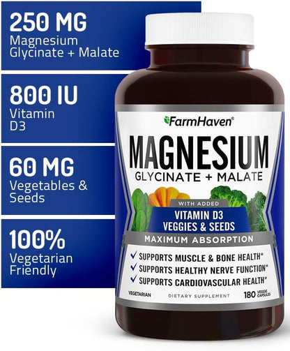 FarmHaven Magnesium Glycinate & Malate Complex w/Vitamin D3, 100% Chelated for Max Absorption, Vegetarian – Bone Health, Nerves, Muscles, 180 Capsules, 90 Days