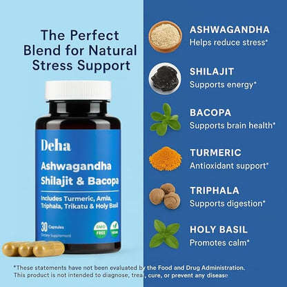 Ashwagandha Shilajit Bacopa Capsules Stress Support, Cognitive Support, Digestive Health with Turmeric, Amla & Triphala – GMP Certified, Non-GMO, Vegan – 30 Count