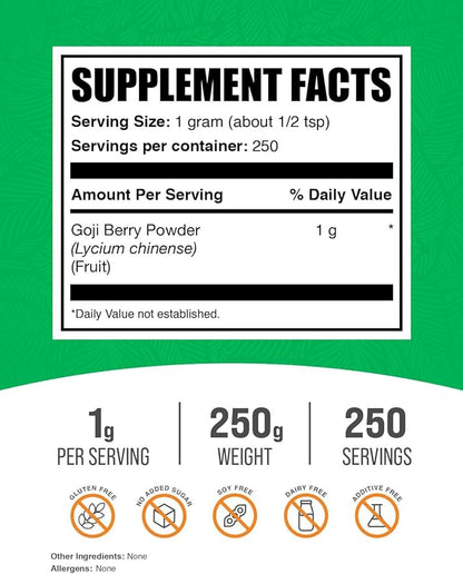 BulkSupplements.com Wolfberry Extract Powder - Goji Berry Supplements, Goji Berry Extract, Herbal Supplement, Gluten Free, 1000mg per Serving, 250g (8.8 oz) (Pack of 1)