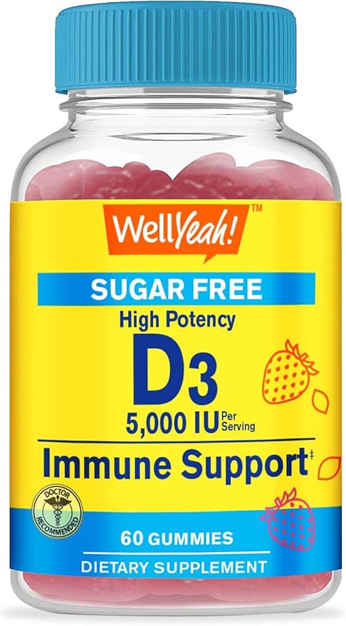 Sugar Free Vitamin D3 5,000 IU (125mcg) Extra Strength Gummies - Immune Booster, Bone and Teeth Support - Non GMO, Gluten Free, Nut Free, Vegetarian - Natural Sourced Flavors - 60 Gummies (1)