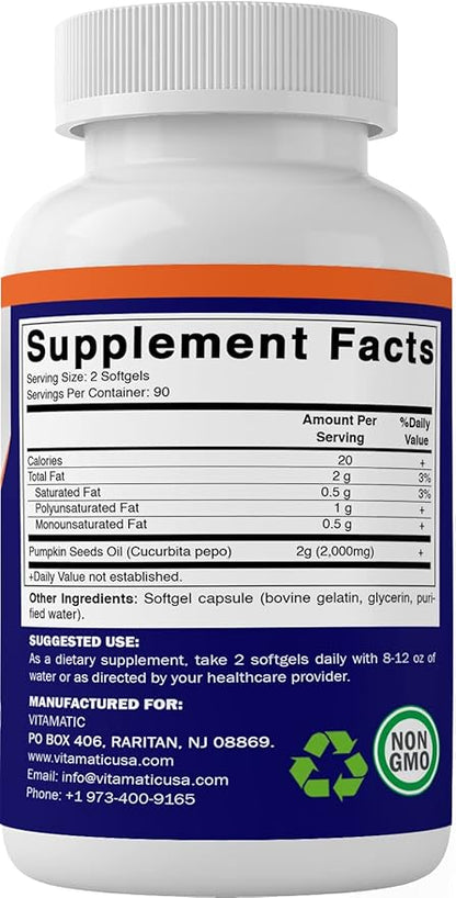 Vitamatic Pumpkin Seed Oil 2000mg – 180 Softgels (Pack of 2-360 Count)