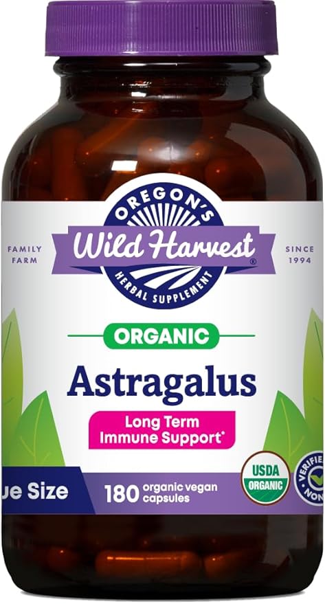 Oregon's Wild Harvest Non-GMO Certified Organic Astragalus Capsules Long Term Immune Support Herbal Supplements-180 Count