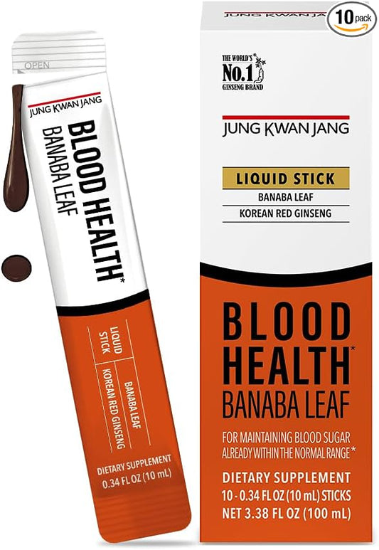 JungKwanJang Blood Health Banaba Leaf Extract (100mg), Carob Pods, Korean Red Ginseng Everytime Extract Sticks for Circulation, Post Meal, Energy, 10 Count