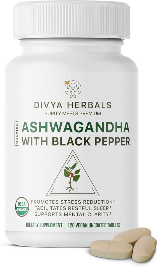 Organic Ashwagandha with Black Pepper - Whole Root - Supports Stress Relief, Mood & Energy – 120 Uncoated Vegan Tablets
