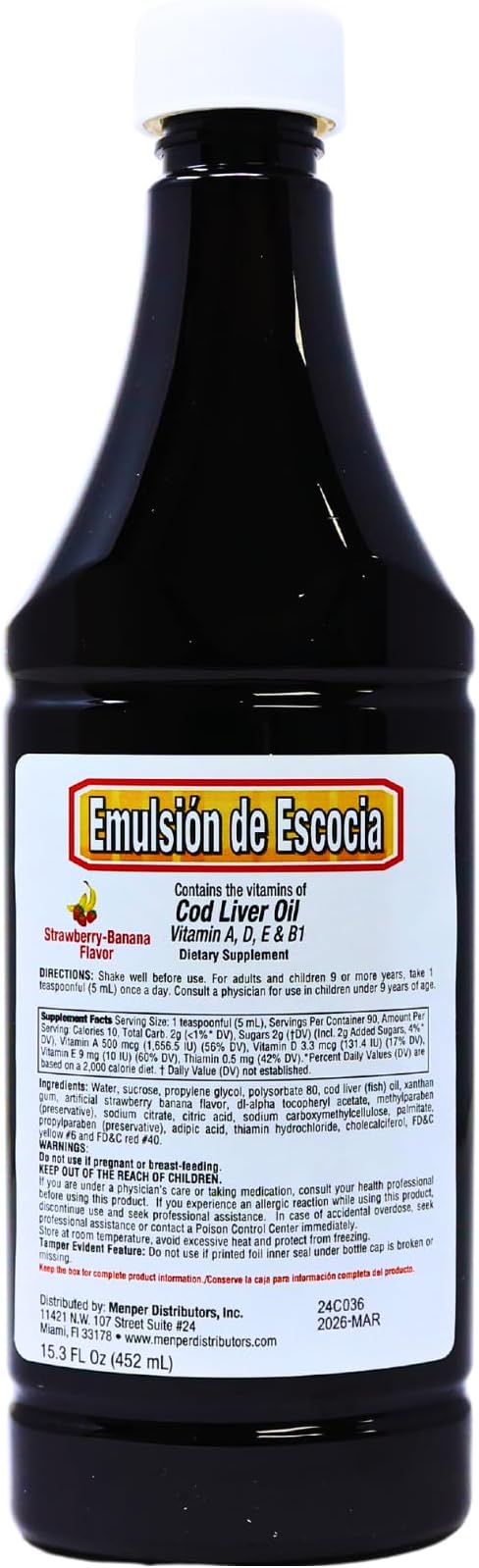 Cod Liver Oil, Dietary Supplement, Vitamins A, B1, D and E, Immune System Support, Strawberry/Banana Flavor (15.3 Fl Oz/Pack of 1)