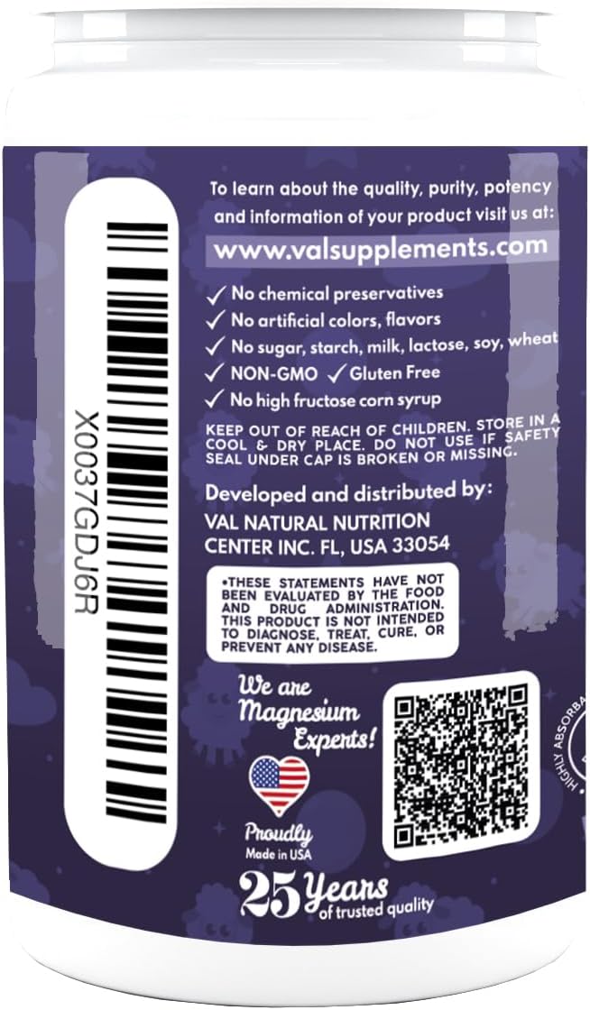 VAL Sugar-Free Calm Magnesium for Kids PM Chewable Tablets | Magnesium Glycinate, Citrate & Taurate | Melatonin & Vitamins B6 & C | Bedtime Support | Non-GMO | Blueberry Yogurt Flavor | 60 Count