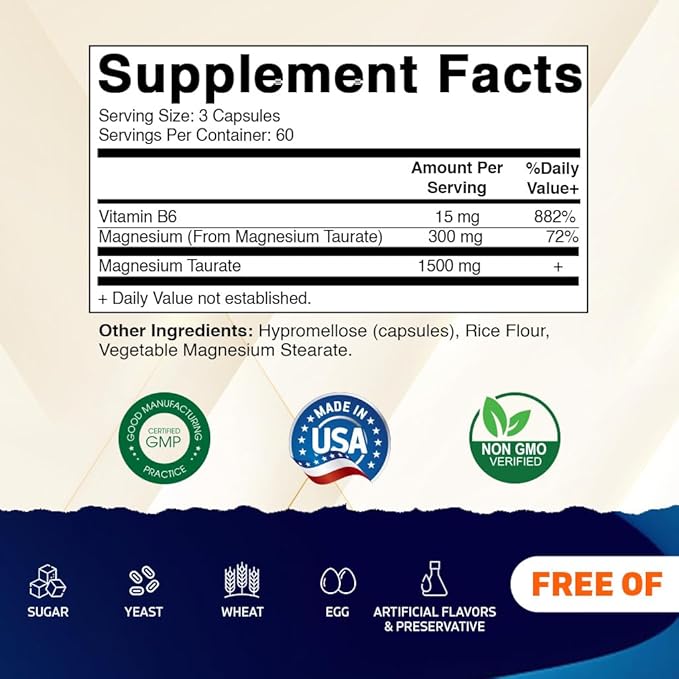 Vitamatic Magnesium Taurate 1500mg per Serving - 180 Vegetarian Capsules (Provides 300 mg of Elemental Magnesium) - Added B6 for Maximum Absorption - Supports Muscle, Joint, and Heart Health*