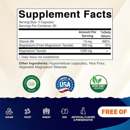 Vitamatic Magnesium Taurate 1500mg per Serving - 180 Vegetarian Capsules (Provides 300 mg of Elemental Magnesium) - Added B6 for Maximum Absorption - Supports Muscle, Joint, and Heart Health*