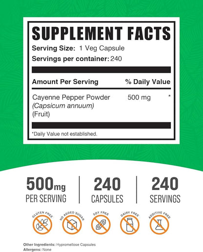 BulkSupplements.com Cayenne Pepper Capsules - Cayenne Pepper 40000 HU, Capsaicin Supplements, Cayenne Pepper Supplements - Gluten Free, 1 Capsule per Serving, 240 Veg Capsules (Pack of 1)