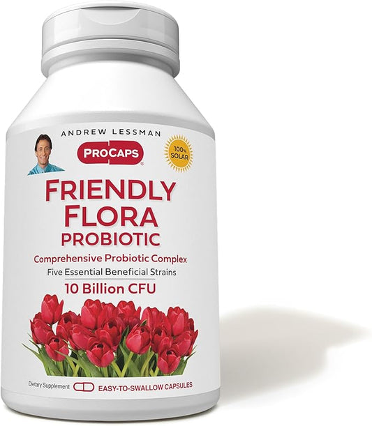 ANDREW LESSMAN Friendly Flora Probiotic 180 Capsules - 10 Billion CFU, Comprehensive Blend of Five Probiotic Strains, Powerful Immune and Digestive Support. Probiotics for Women or Men