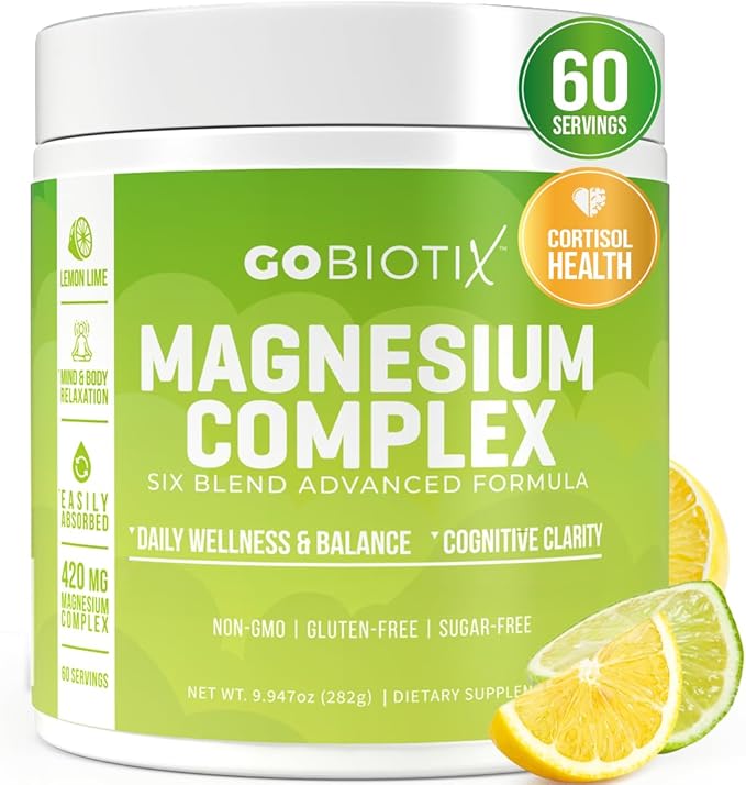 GoBiotix Magnesium Glycinate Powder – Cortisol Supplement for Women and Men – High Absorption Magnesium Complex Calm Supplement with Citrate, Malate – Sugar Free – 420 mg, 60 Servings, Lemon Lime