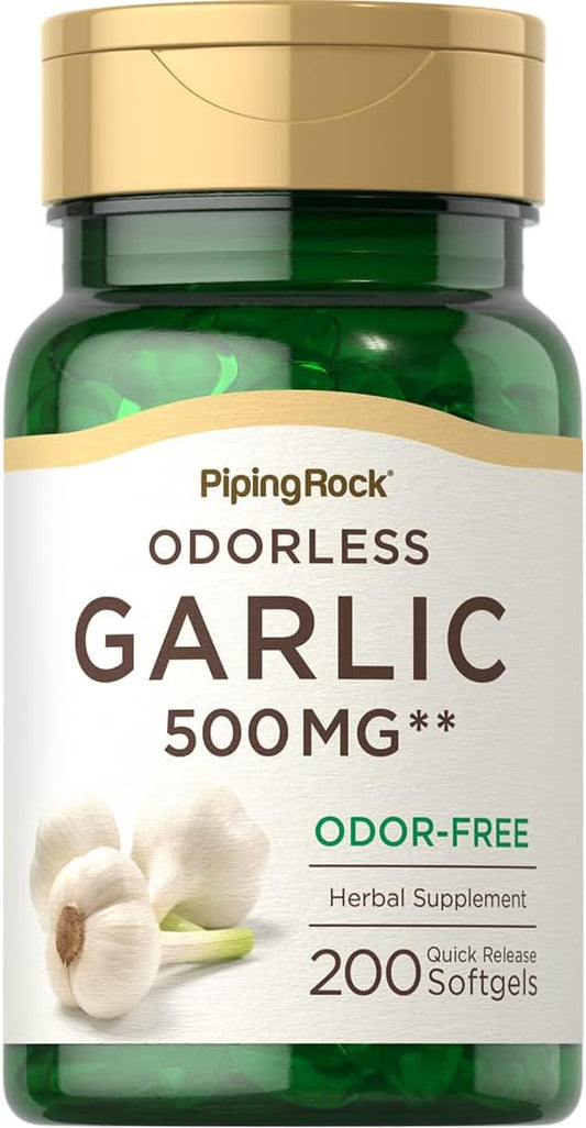 Piping Rock Odorless Garlic Softgels | 500mg | 200 Pills | Herbal Extract Supplement | Odor-Free, Non-GMO, Gluten Free
