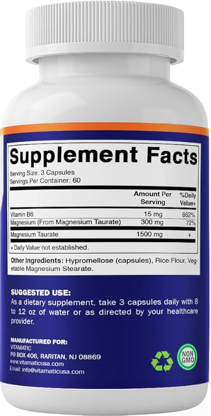 Vitamatic Magnesium Taurate 1500mg per Serving - 180 Vegetarian Capsules (Provides 300 mg of Elemental Magnesium) - Added B6 for Maximum Absorption - Supports Muscle, Joint, and Heart Health*