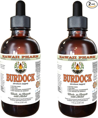 Burdock Alcohol-Free Liquid Extract, Organic Burdock (Arctium Lappa) Dried Root Glycerite Hawaii Pharm Natural Herbal Supplement 2x4 oz