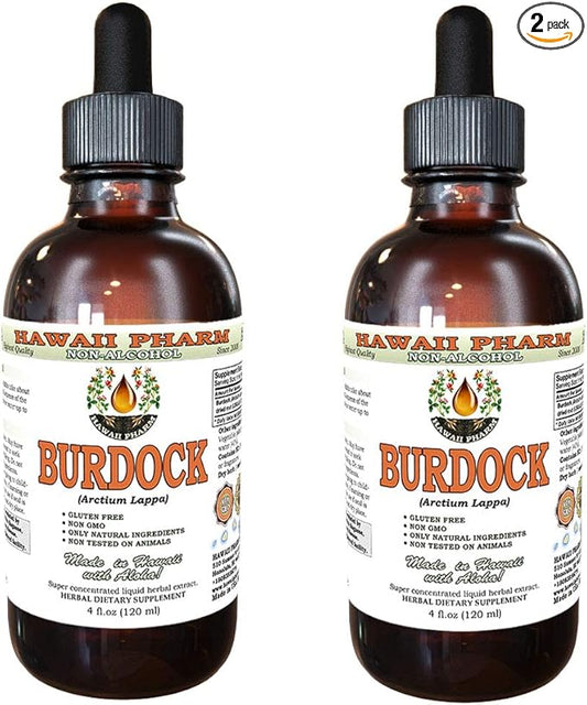 Burdock Alcohol-Free Liquid Extract, Organic Burdock (Arctium Lappa) Dried Root Glycerite Hawaii Pharm Natural Herbal Supplement 2x4 oz