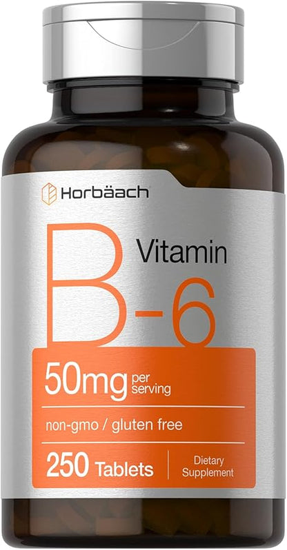 Horbäach B6 Vitamin 50mg | 250 Tablets | Non-GMO & Gluten Free Supplement