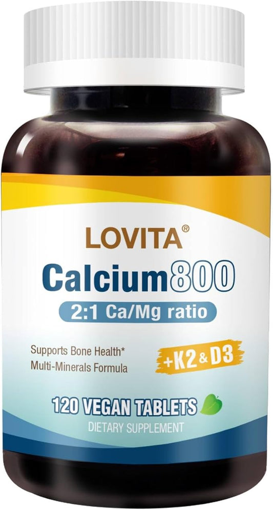 Lovita Calcium 800 mg, Highly Absorbable Bone Support with Magnesium, Vitamin D3 & K2 | Plus Zinc, Copper & Manganese, 120 Vegan Tablets