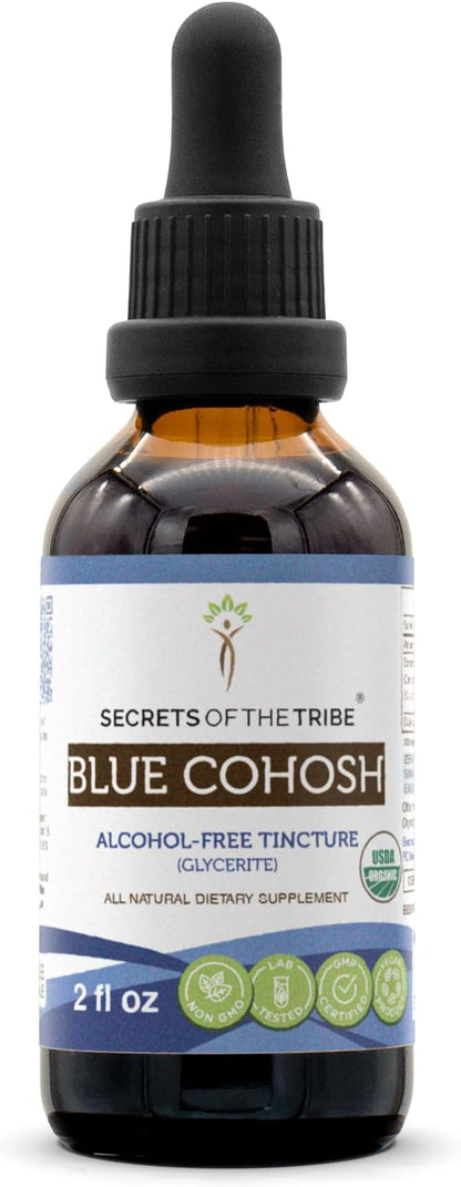 Secrets of the Tribe Blue Cohosh USDA Organic Alcohol-Free Tincture (Glycerite) Responsibly farmed Blue Cohosh (Caulophyllum Thalictroides) Dried Root (2 Fl Oz) Women's Health Supplement