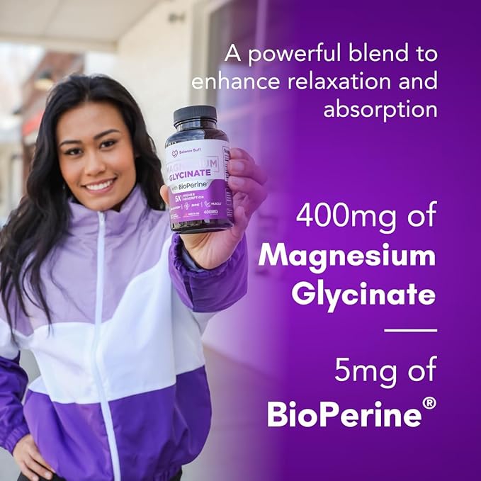 Magnesium Glycinate 400mg with Bioperine - 5X Higher Absorption - Support Stress Relief, Sleep, Bone Health - 100% Chelated - Pure Magnesium Supplement - 90 Veggie Capsules