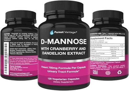 D Mannose Capsules with 600mg D-Mannose Powder Per Cap - with Added Cranberry and Dandelion Extract to Aid in Bladder, Urinary Tract and UTI Support - 120 Veggie Caps