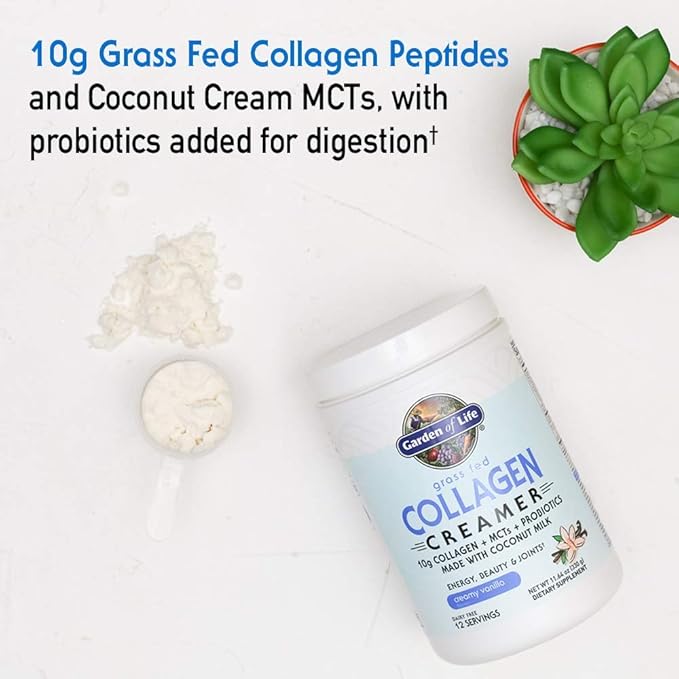 Garden of Life Grass Fed Collagen Creamer Powder - Vanilla, 12 Servings, Collagen Powder for Coffee Energy Beauty Joints, Coconut MCTs, Keto Protein Supplements