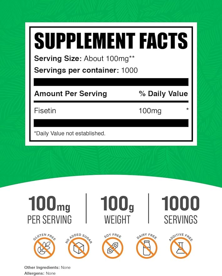 BulkSupplements.com Fisetin Powder - Fisetin Supplement, Fisetin 100mg - Antioxidants Source, Pure & Gluten Free, 100mg per Serving, 100g (3.5 oz) (Pack of 1)
