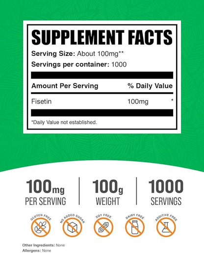 BulkSupplements.com Fisetin Powder - Fisetin Supplement, Fisetin 100mg - Antioxidants Source, Pure & Gluten Free, 100mg per Serving, 100g (3.5 oz) (Pack of 1)