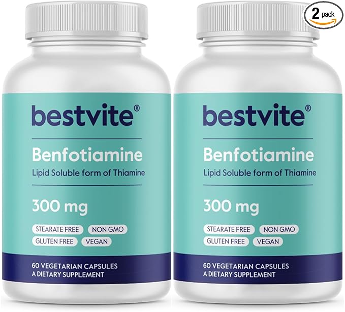 BESTVITE Benfotiamine 300mg (120 Vegetarian Capsules) (60x2) No Stearates - No Silicon Dioxide - Vegan - Non GMO - Gluten Free