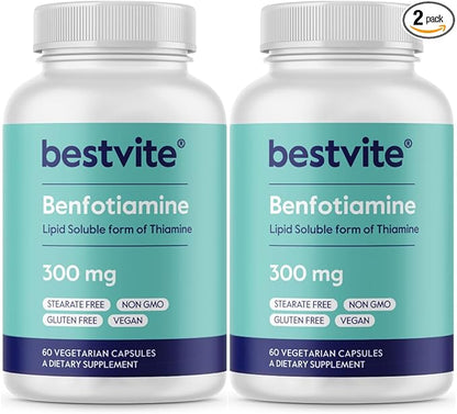 BESTVITE Benfotiamine 300mg (120 Vegetarian Capsules) (60x2) No Stearates - No Silicon Dioxide - Vegan - Non GMO - Gluten Free