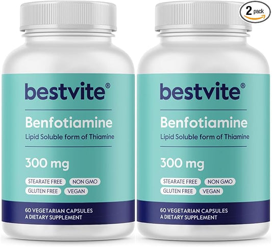 BESTVITE Benfotiamine 300mg (120 Vegetarian Capsules) (60x2) No Stearates - No Silicon Dioxide - Vegan - Non GMO - Gluten Free