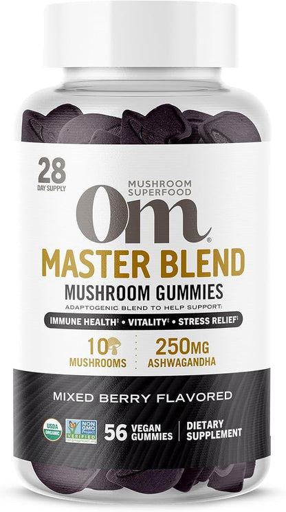 OM MUSHROOM SUPERFOOD Master Blend Mushroom Gummies, 56 Count, 28 Servings, Mixed Berry Flavor with 10 Mushroom Complex for Stress and Vitality