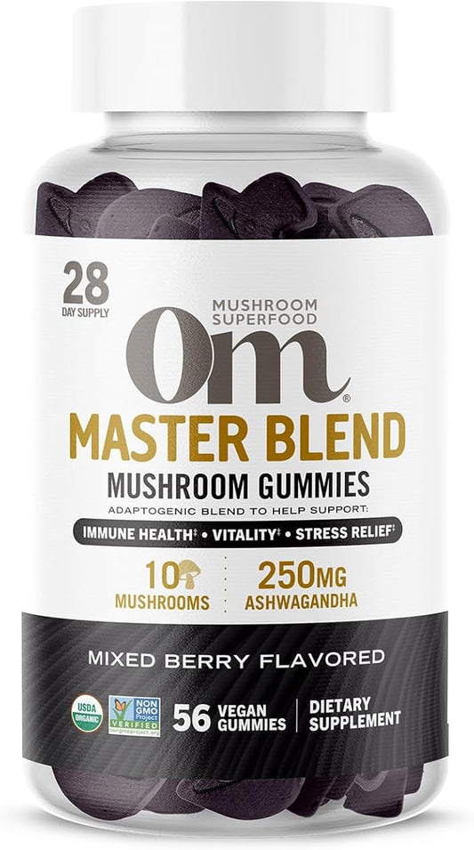 OM MUSHROOM SUPERFOOD Master Blend Mushroom Gummies, 56 Count, 28 Servings, Mixed Berry Flavor with 10 Mushroom Complex for Stress and Vitality