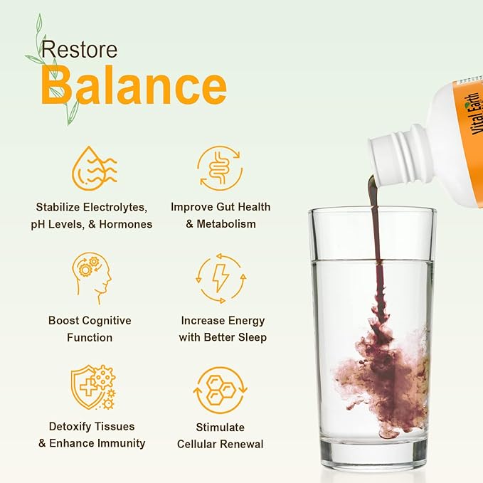 Vital Earth Minerals Fulvic Humic Mineral Blend Liquid – Fulvic Acid Supplement with 70+ Trace Minerals, Electrolytes for Recovery, Balance & Energy, 32 Oz + 1 Oz Cup