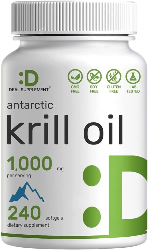 DEAL SUPPLEMENT Antarctic Krill Oil, 1,000mg Per Serving, 240 Softgels – Mercury Free, No Fishy Taste – Rich in Omega-3s, EPA, DHA, Astaxanthin, & Phospholipids – Non-GMO, No Gluten