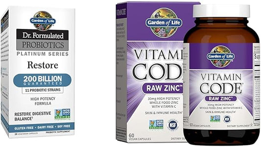 Garden of Life Dr. Formulated Probiotics Platinum Series Restore 200 Billion & Zinc Supplements 30mg High Potency Raw Zinc and Vitamin C Multimineral Supplement