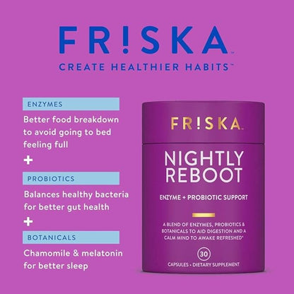 FRISKA Nightly Reboot Enzyme and Probiotics Supplement, Promotes Better Digestion and Sleep, Supports Gut Health for Men and Women, Melatonin, Chamomile, 90 Capsules